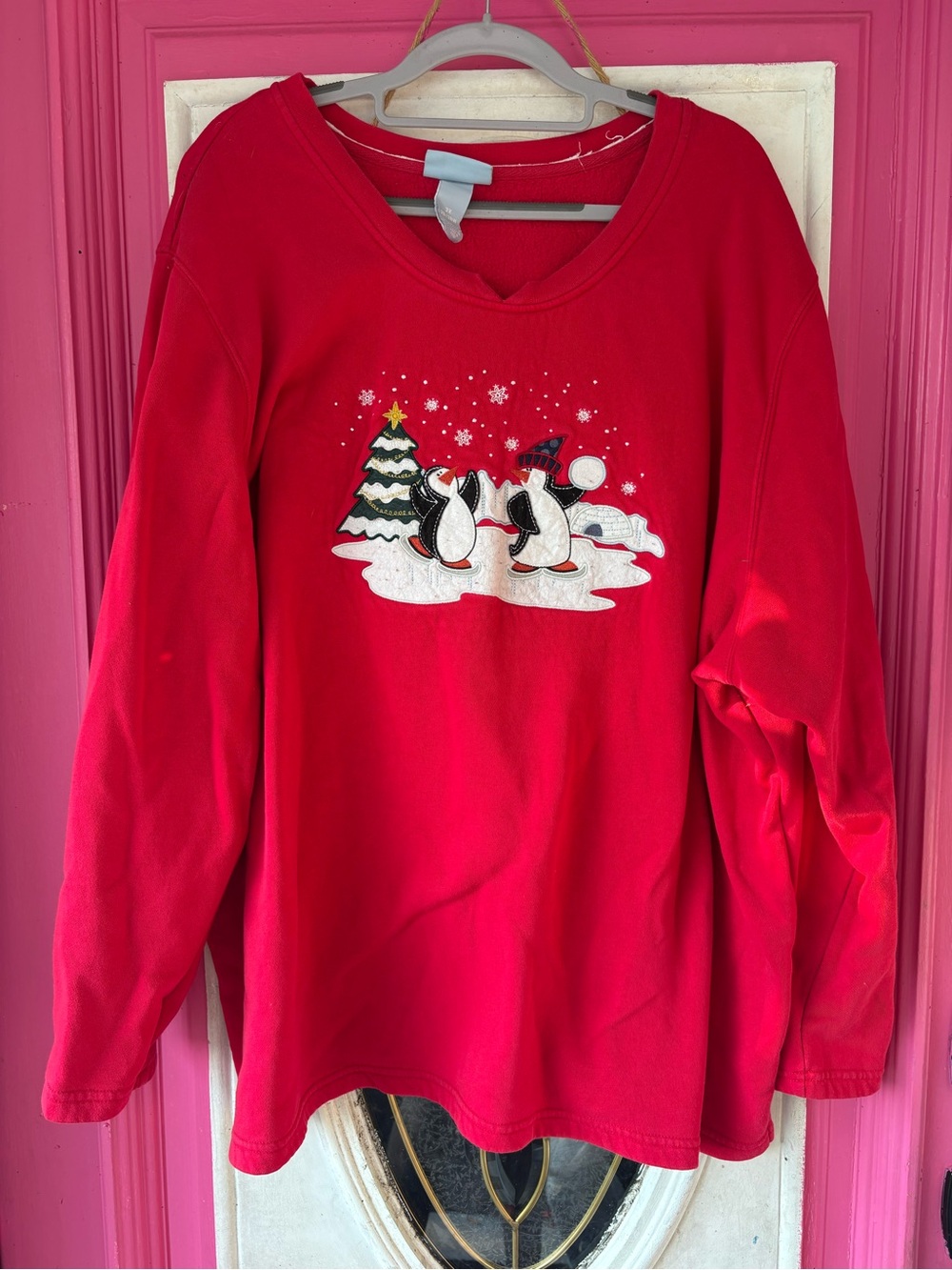 Liz & Me Red Holiday Penguin Sweatshirt with White and Black Accents Christmas